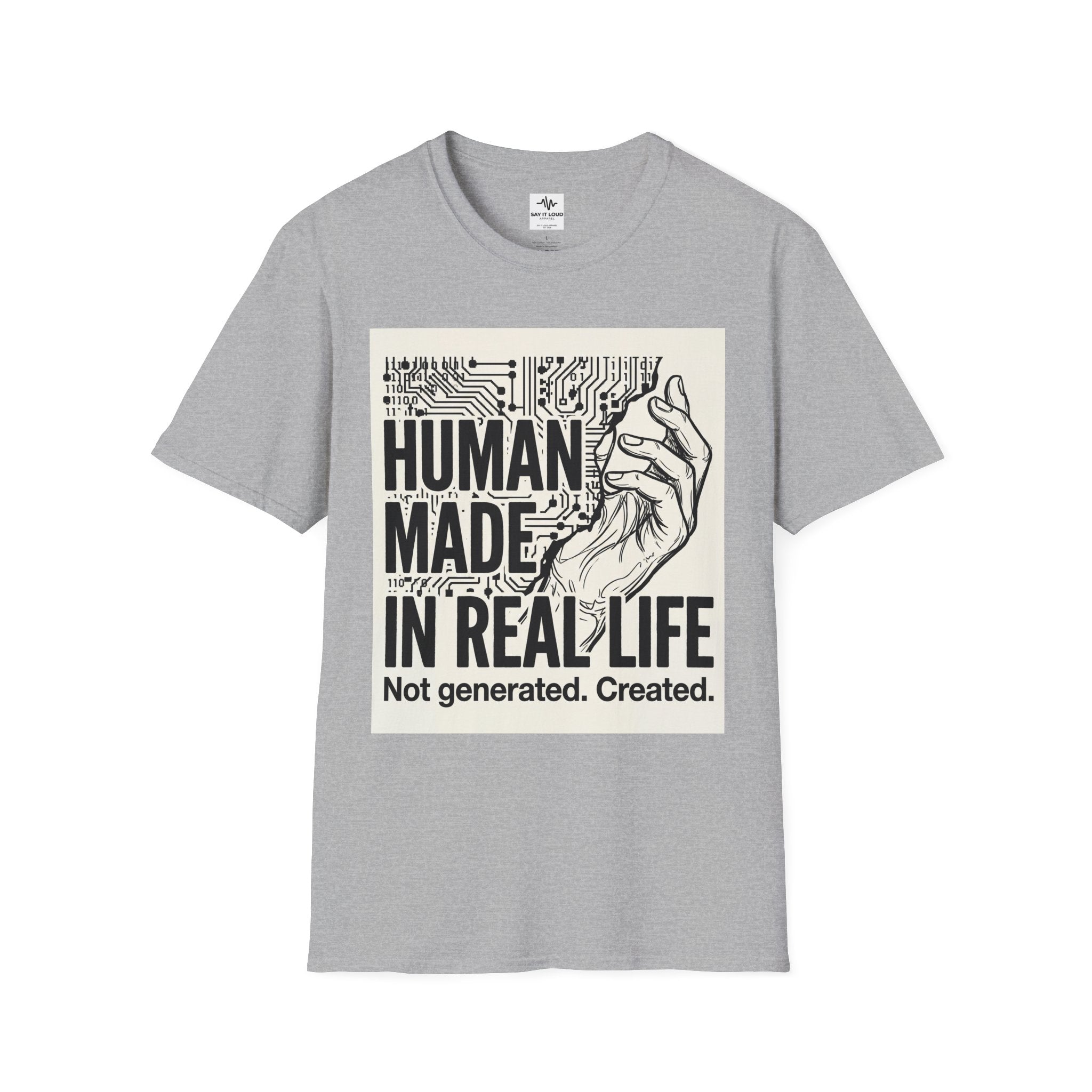 Human Made In Real Life T‑Shirt — Retro Tech Graphic Tee ("Not generated. Created.")