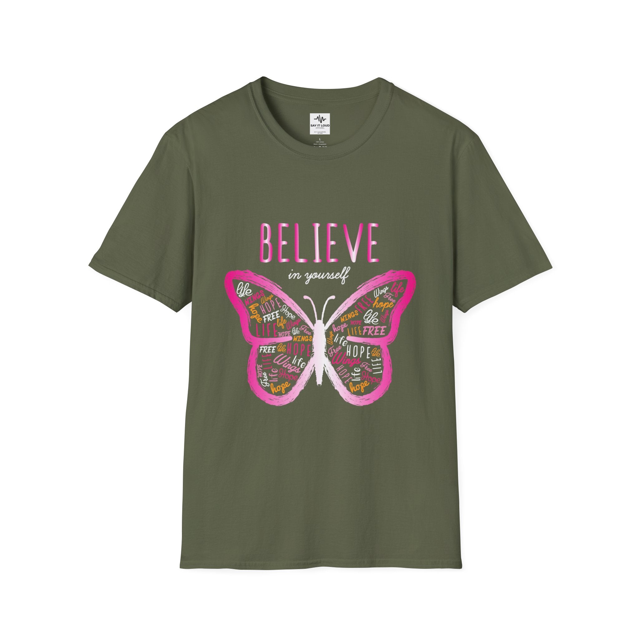 Believe Butterfly T-Shirt — Inspirational Pink Butterfly Graphic Tee