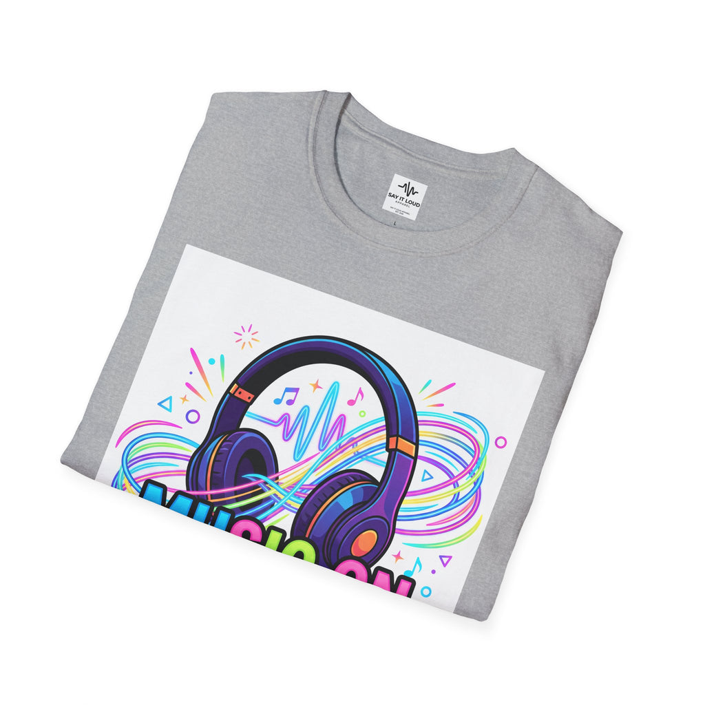 Music On World Off T-Shirt — "Tune in. Zone out." Headphones Graphic Tee