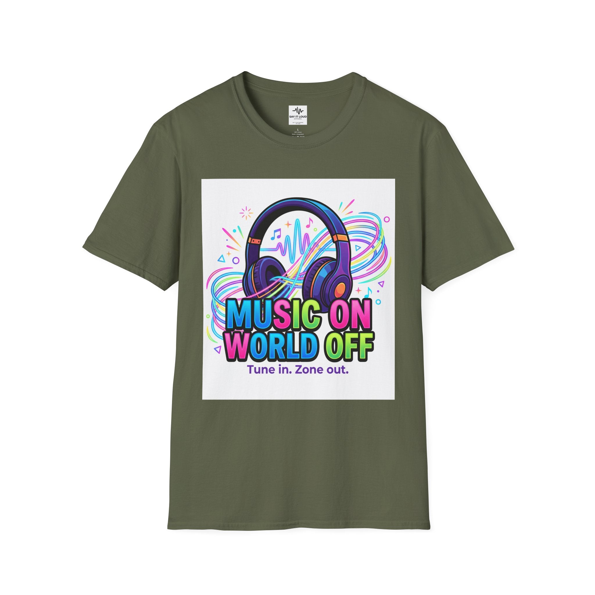 Music On World Off T-Shirt — "Tune in. Zone out." Headphones Graphic Tee
