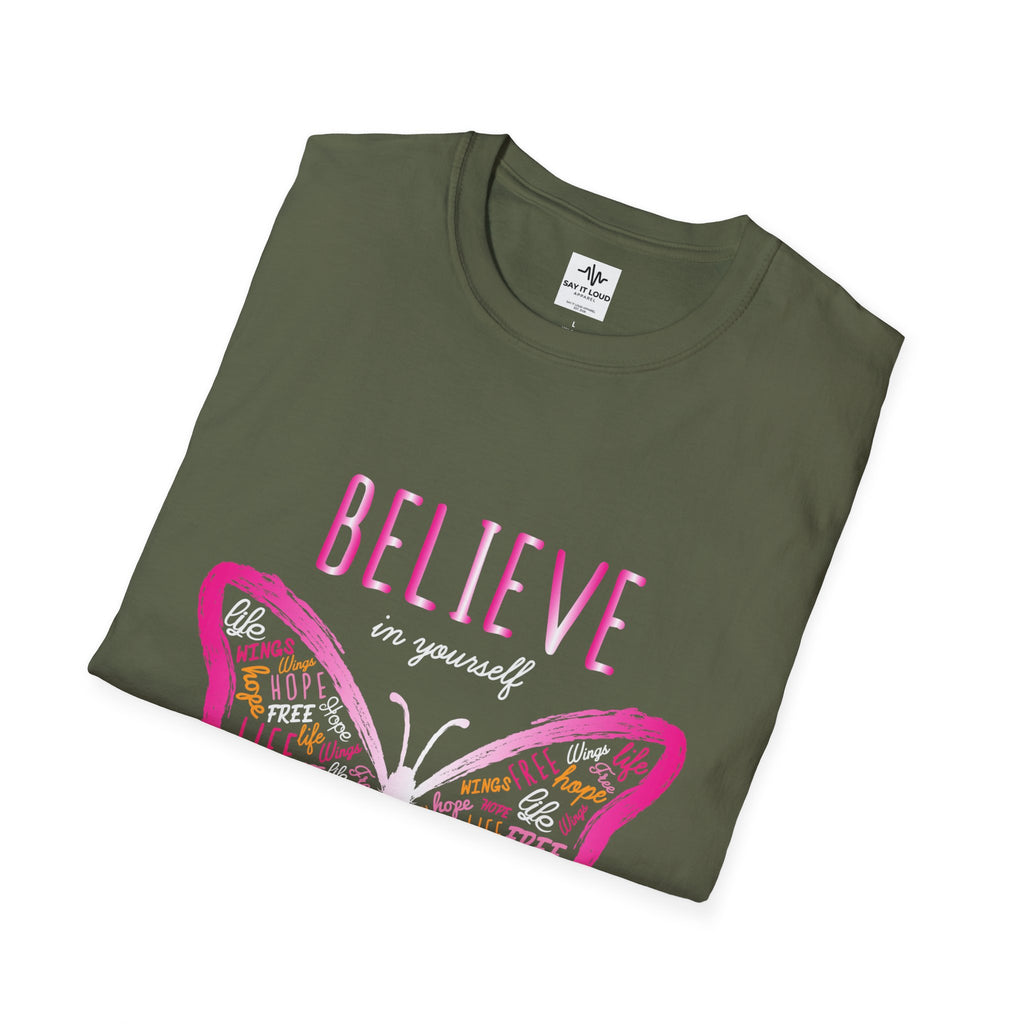 Believe Butterfly T-Shirt — Inspirational Pink Butterfly Graphic Tee