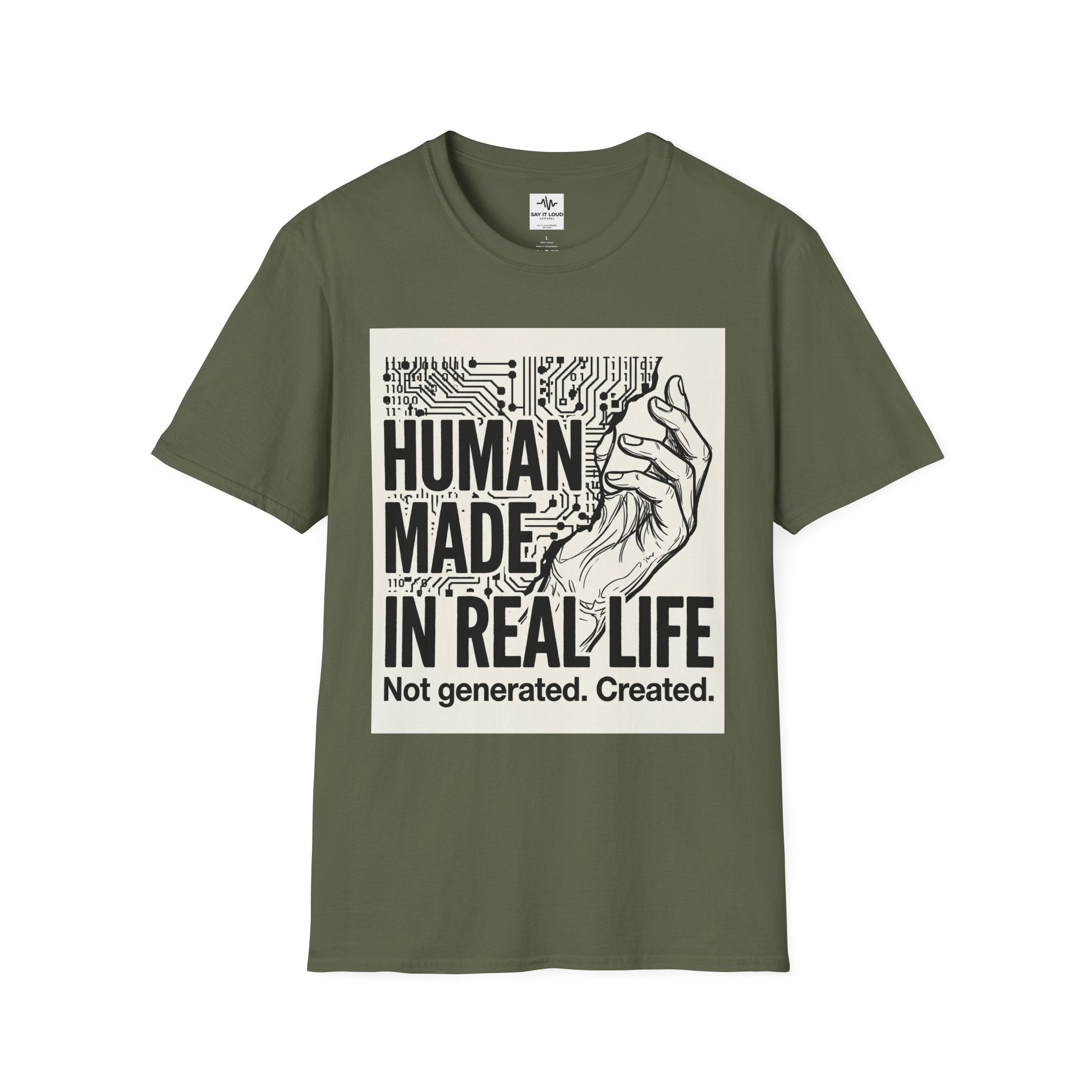 Human Made In Real Life T‑Shirt — Retro Tech Graphic Tee ("Not generated. Created.")