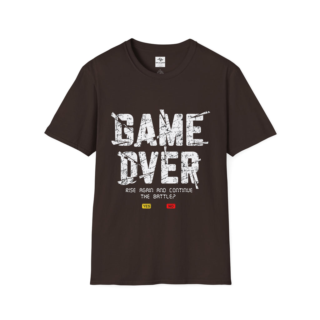 Game Over Graphic T-Shirt — "Rise Again and Continue the Battle" Gamer Tee