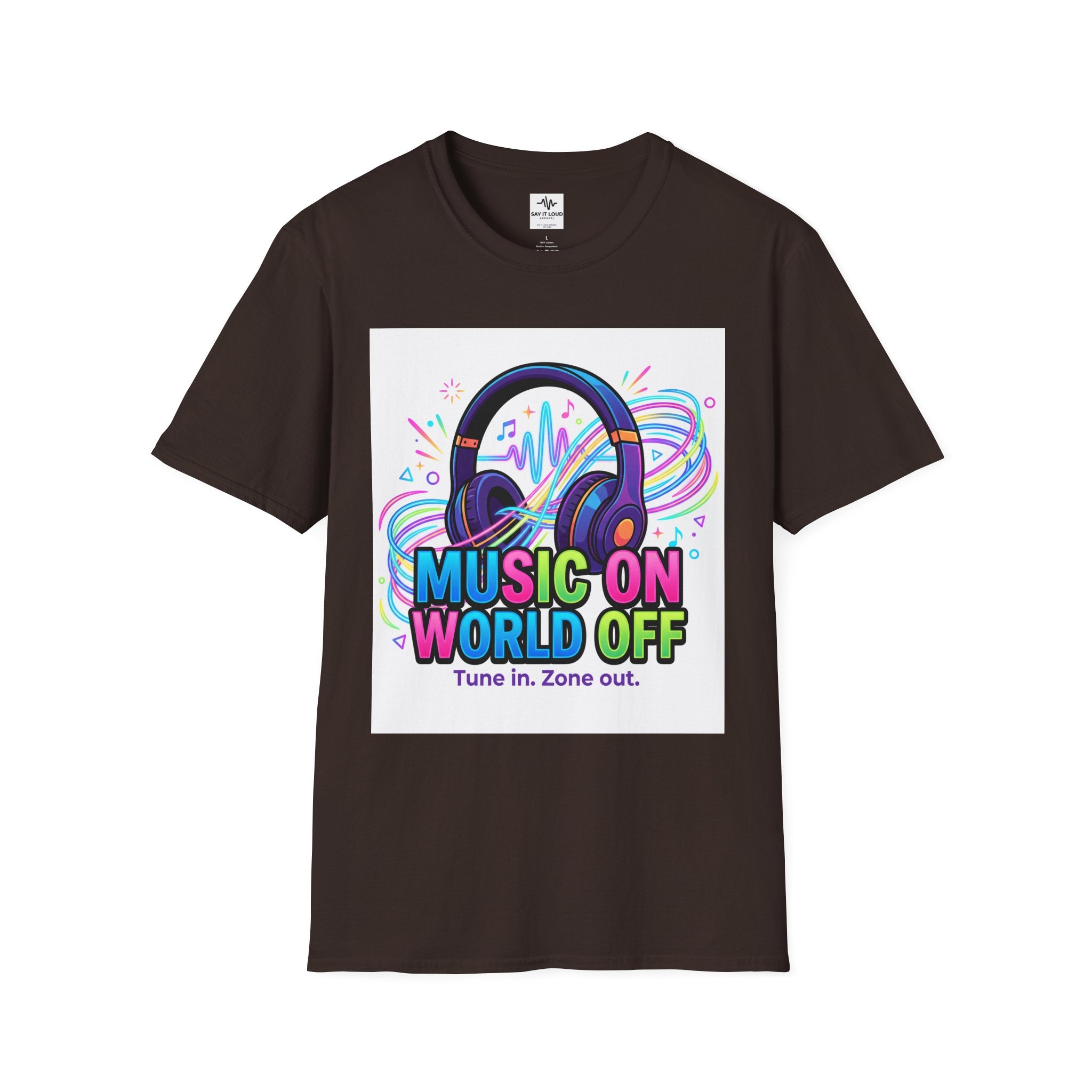 Music On World Off T-Shirt — "Tune in. Zone out." Headphones Graphic Tee