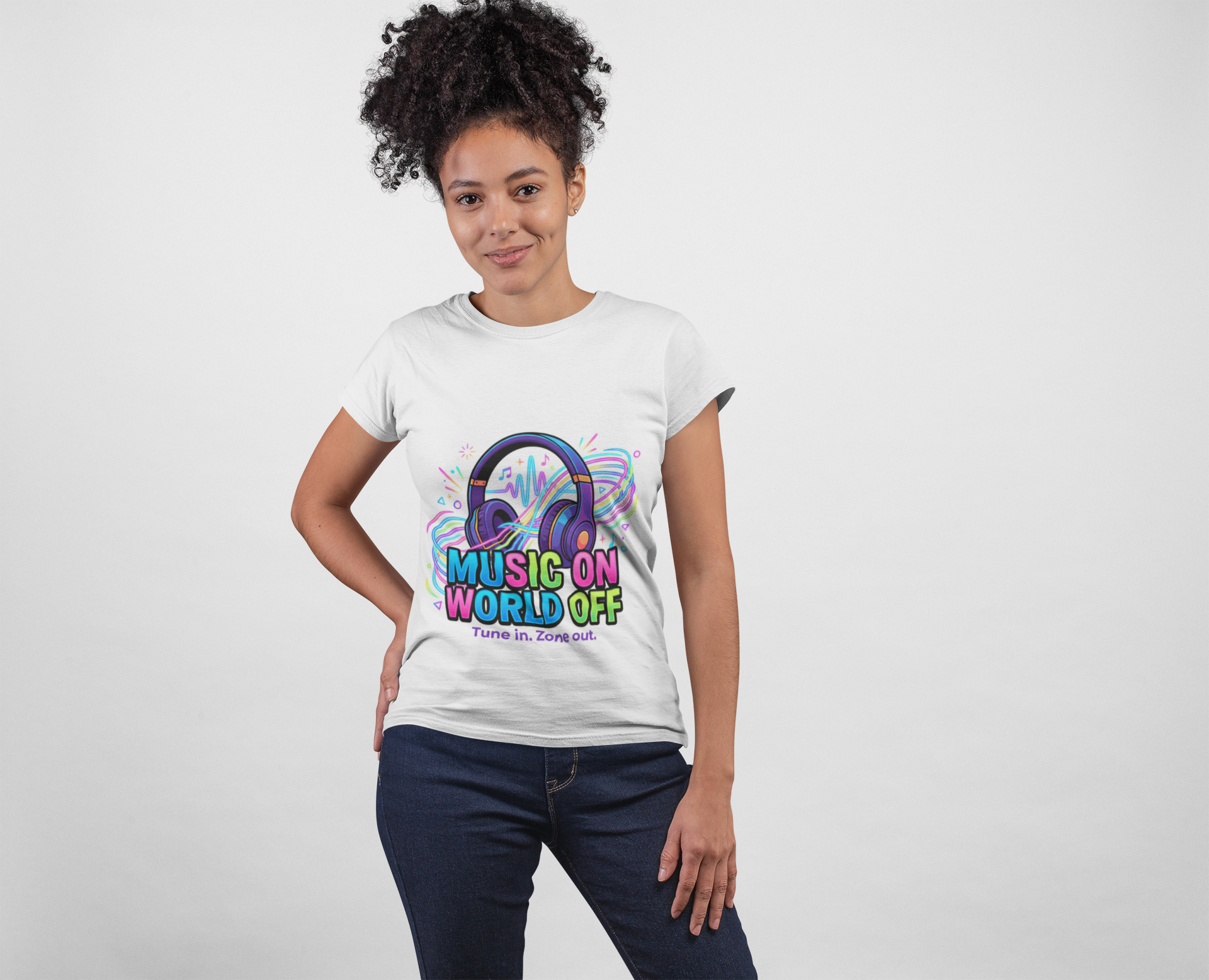 Music On World Off T-Shirt — "Tune in. Zone out." Headphones Graphic Tee
