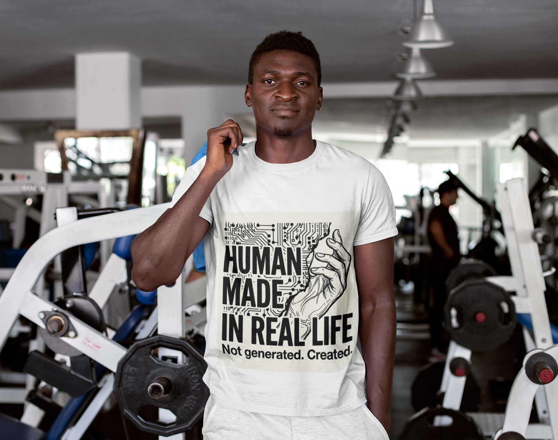 Human Made In Real Life T‑Shirt — Retro Tech Graphic Tee ("Not generated. Created.")