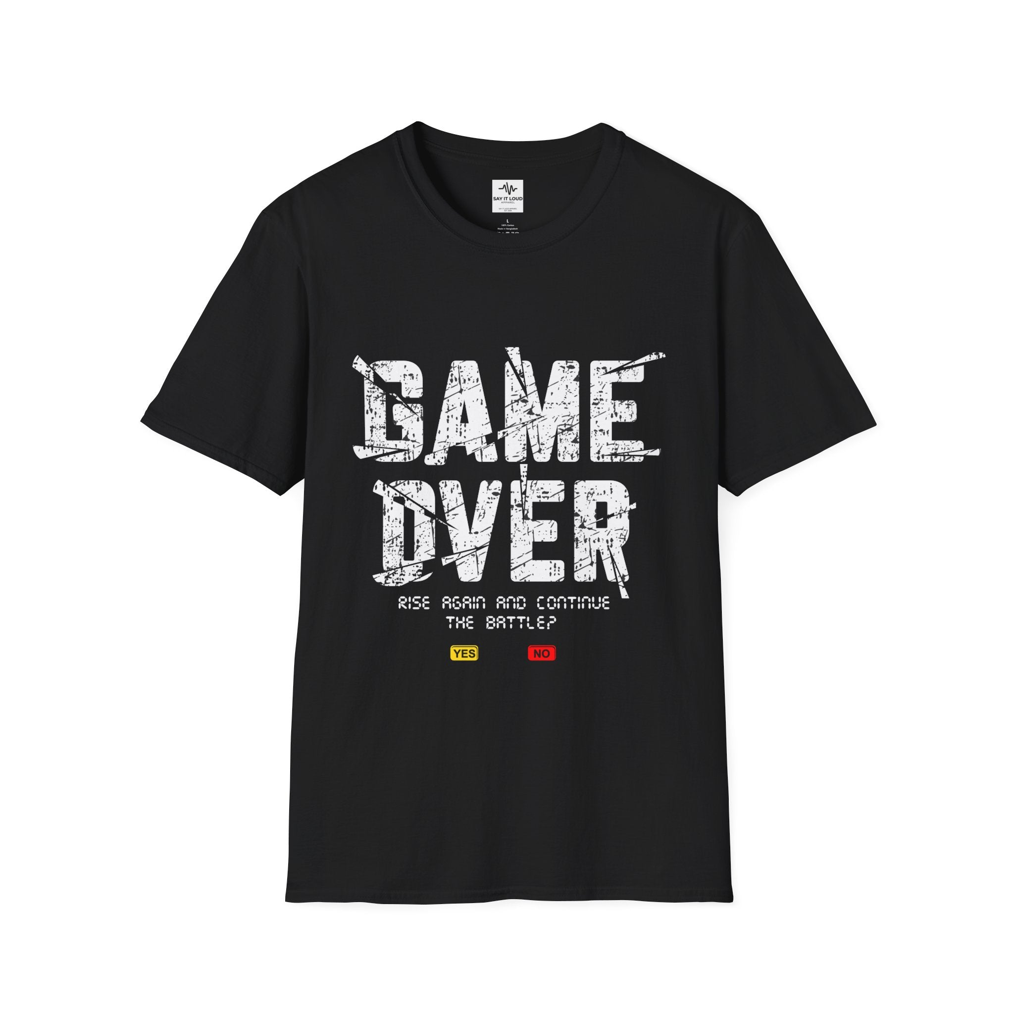 Game Over Graphic T-Shirt — "Rise Again and Continue the Battle" Gamer Tee