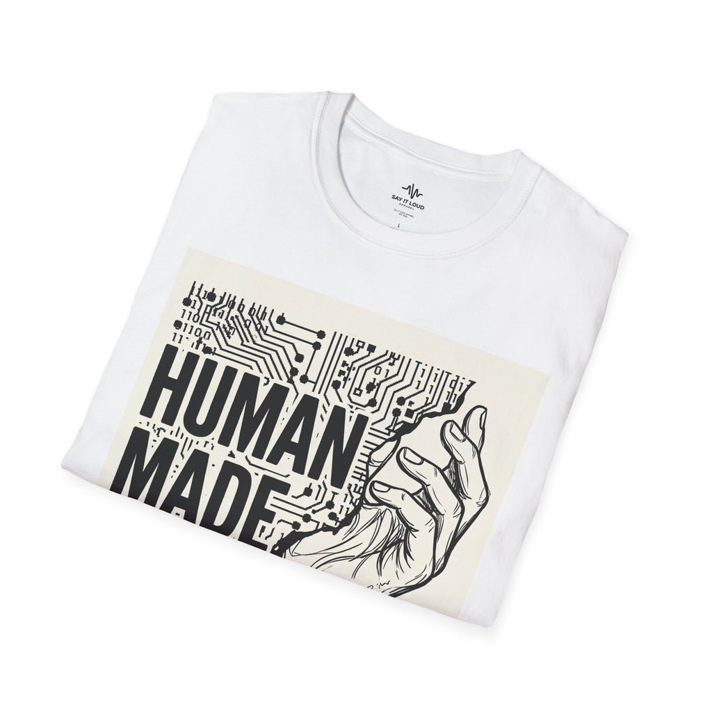 Human Made In Real Life T‑Shirt — Retro Tech Graphic Tee ("Not generated. Created.")