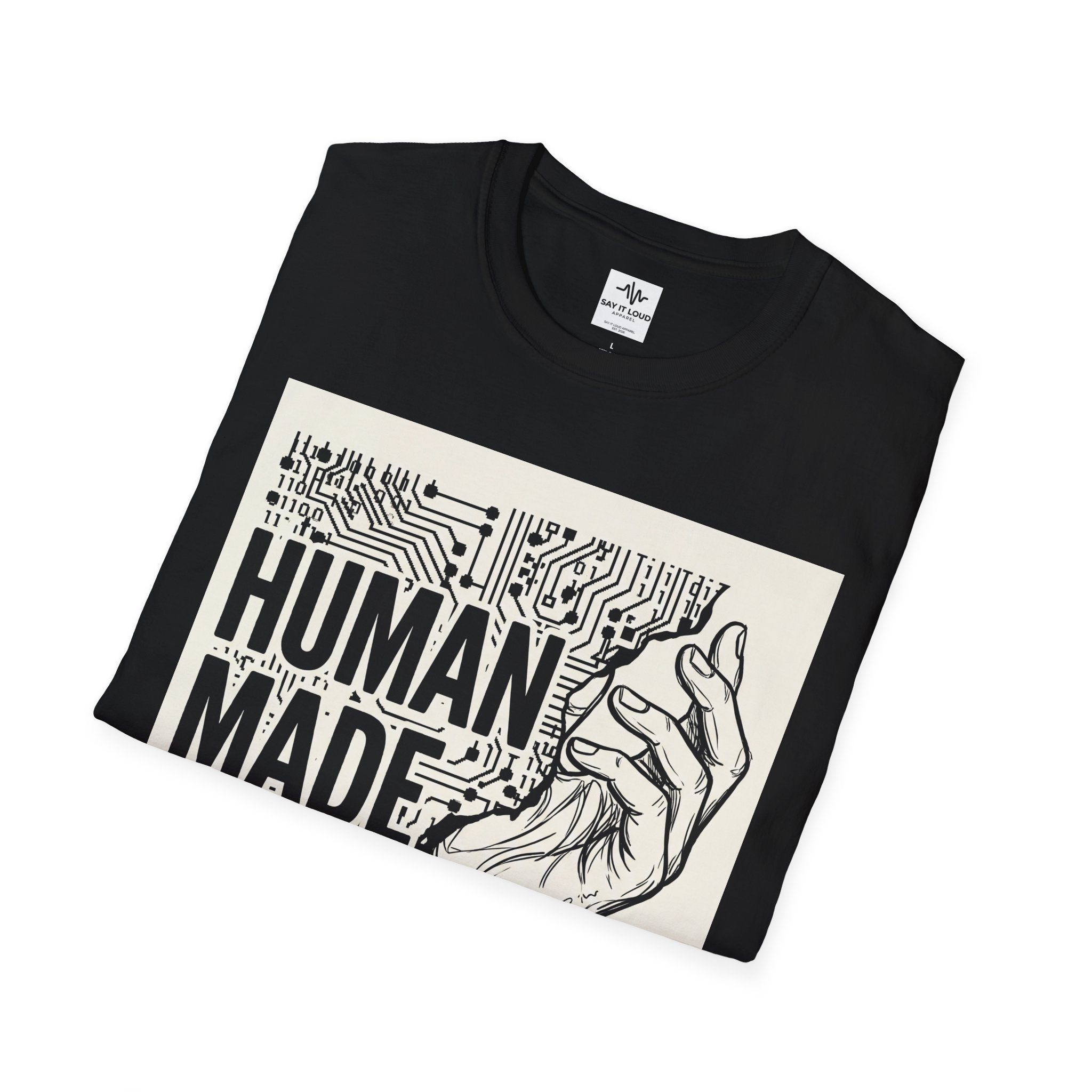 Human Made In Real Life T‑Shirt — Retro Tech Graphic Tee ("Not generated. Created.")