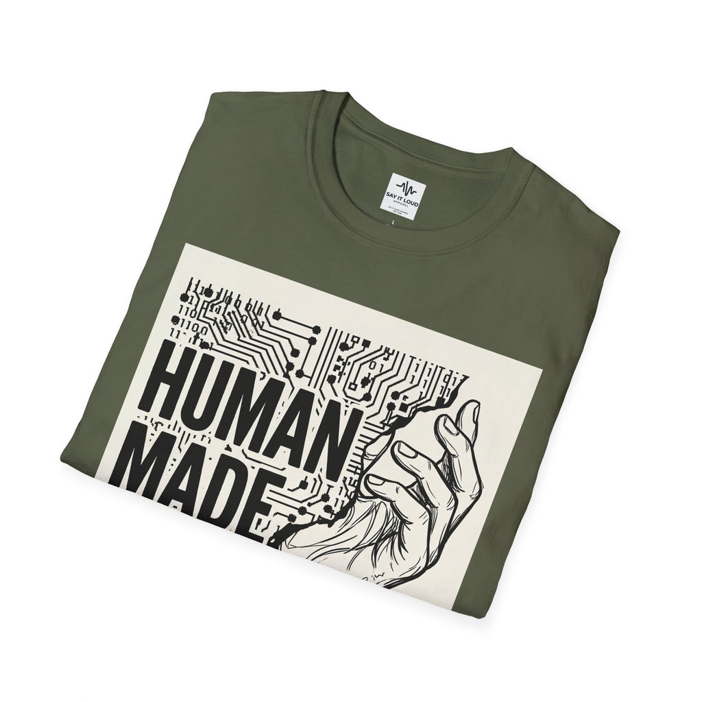 Human Made In Real Life T‑Shirt — Retro Tech Graphic Tee ("Not generated. Created.")