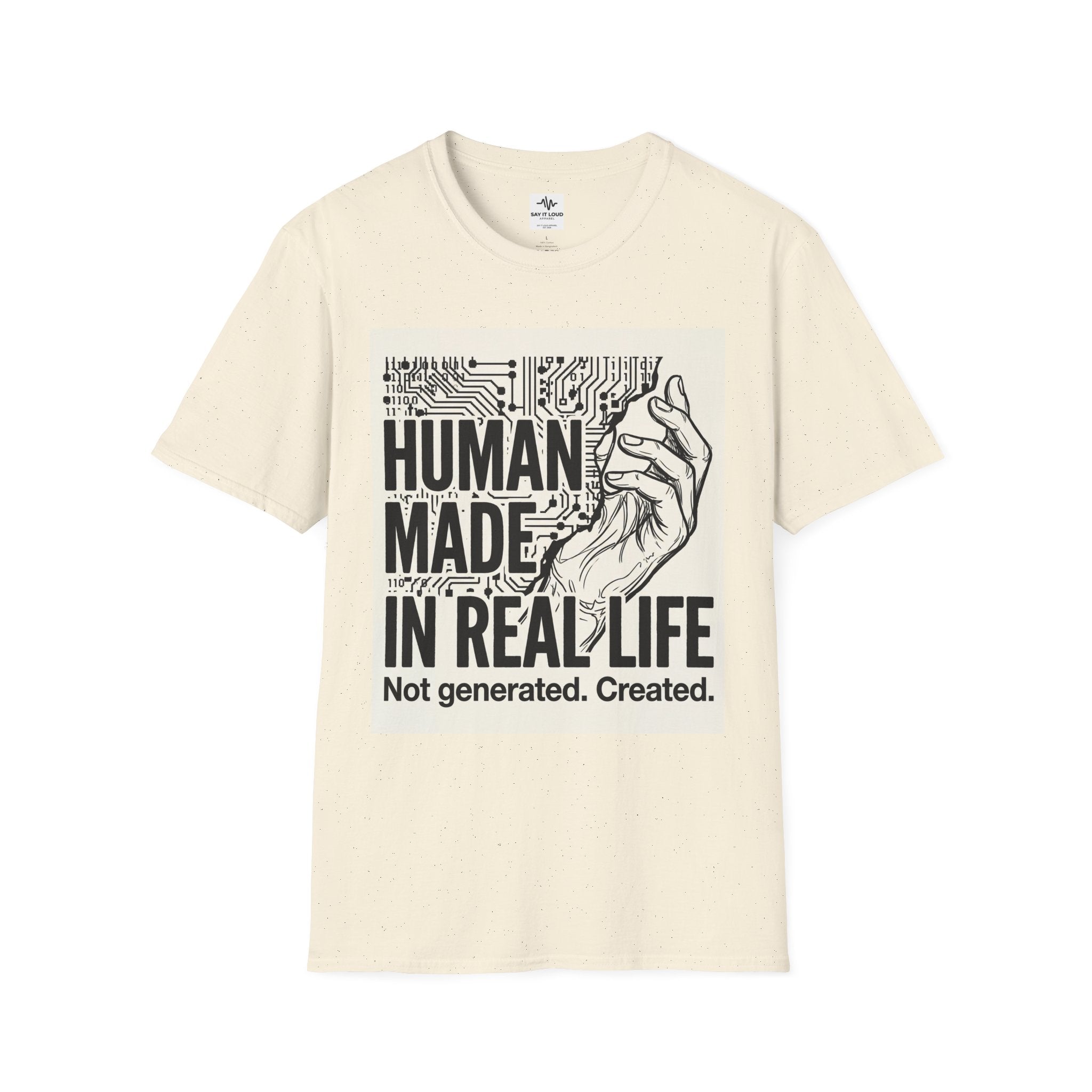 Human Made In Real Life T‑Shirt — Retro Tech Graphic Tee ("Not generated. Created.")