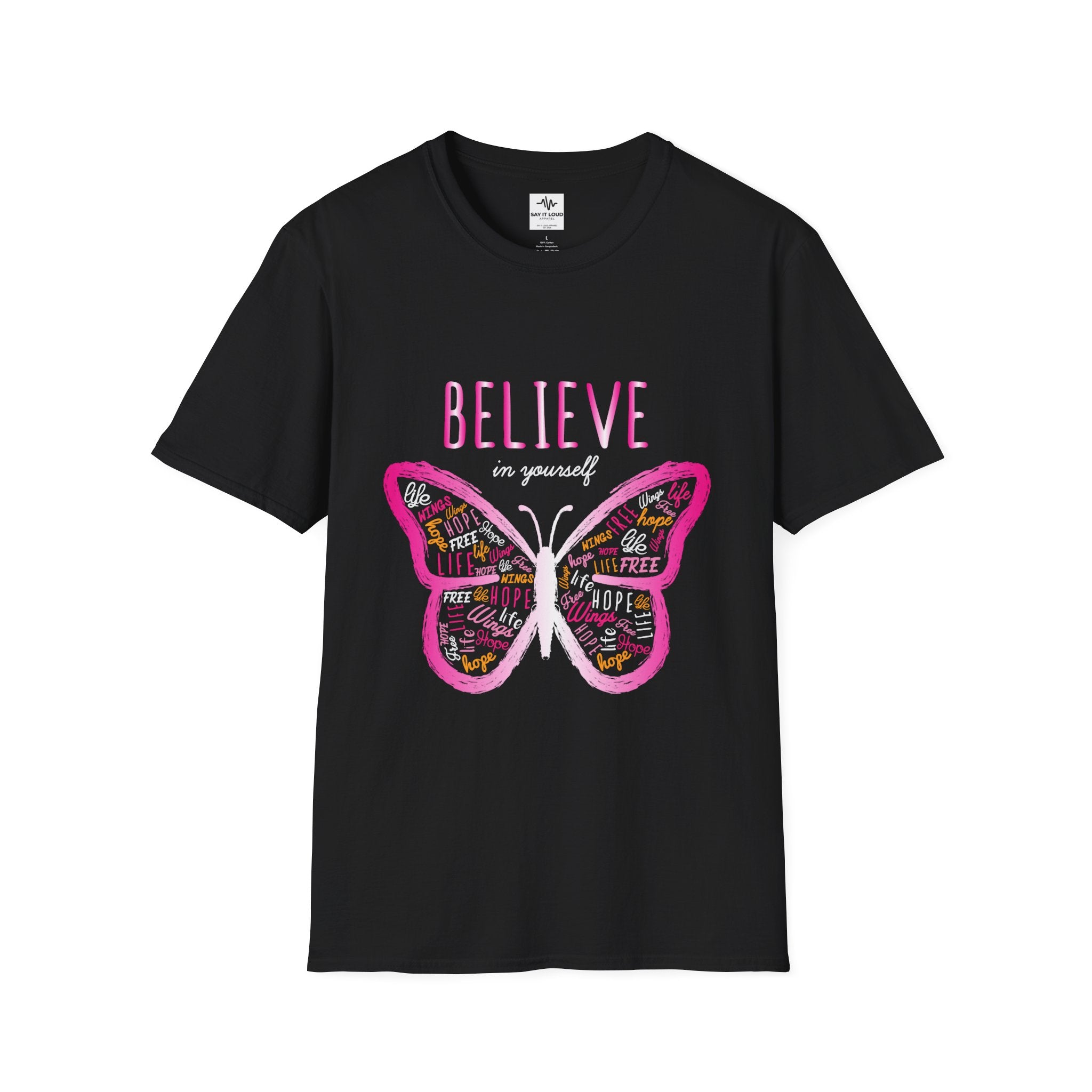 Believe Butterfly T-Shirt — Inspirational Pink Butterfly Graphic Tee