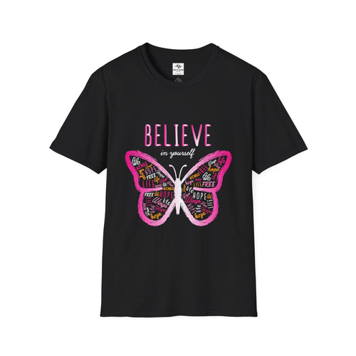 Believe Butterfly T-Shirt — Inspirational Pink Butterfly Graphic Tee