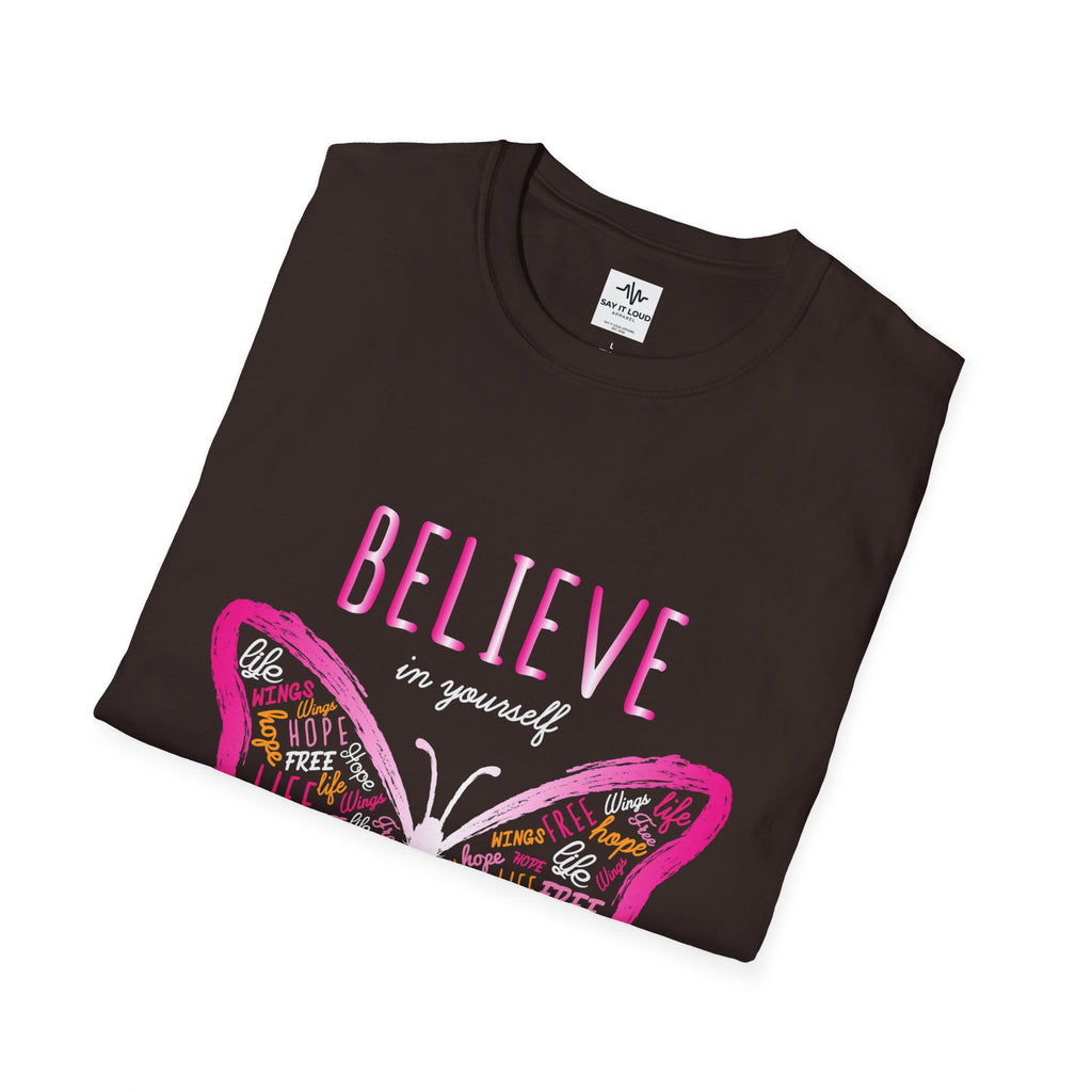 Believe Butterfly T-Shirt — Inspirational Pink Butterfly Graphic Tee