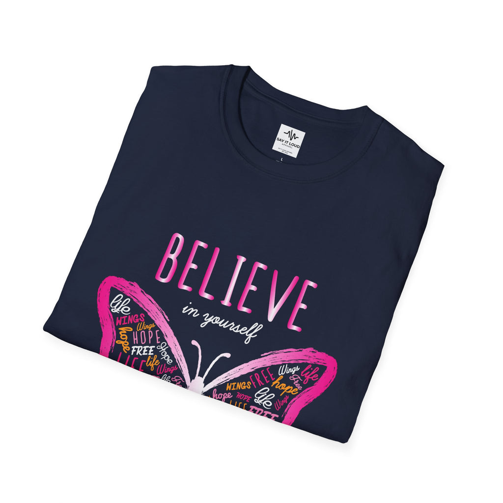Believe Butterfly T-Shirt — Inspirational Pink Butterfly Graphic Tee