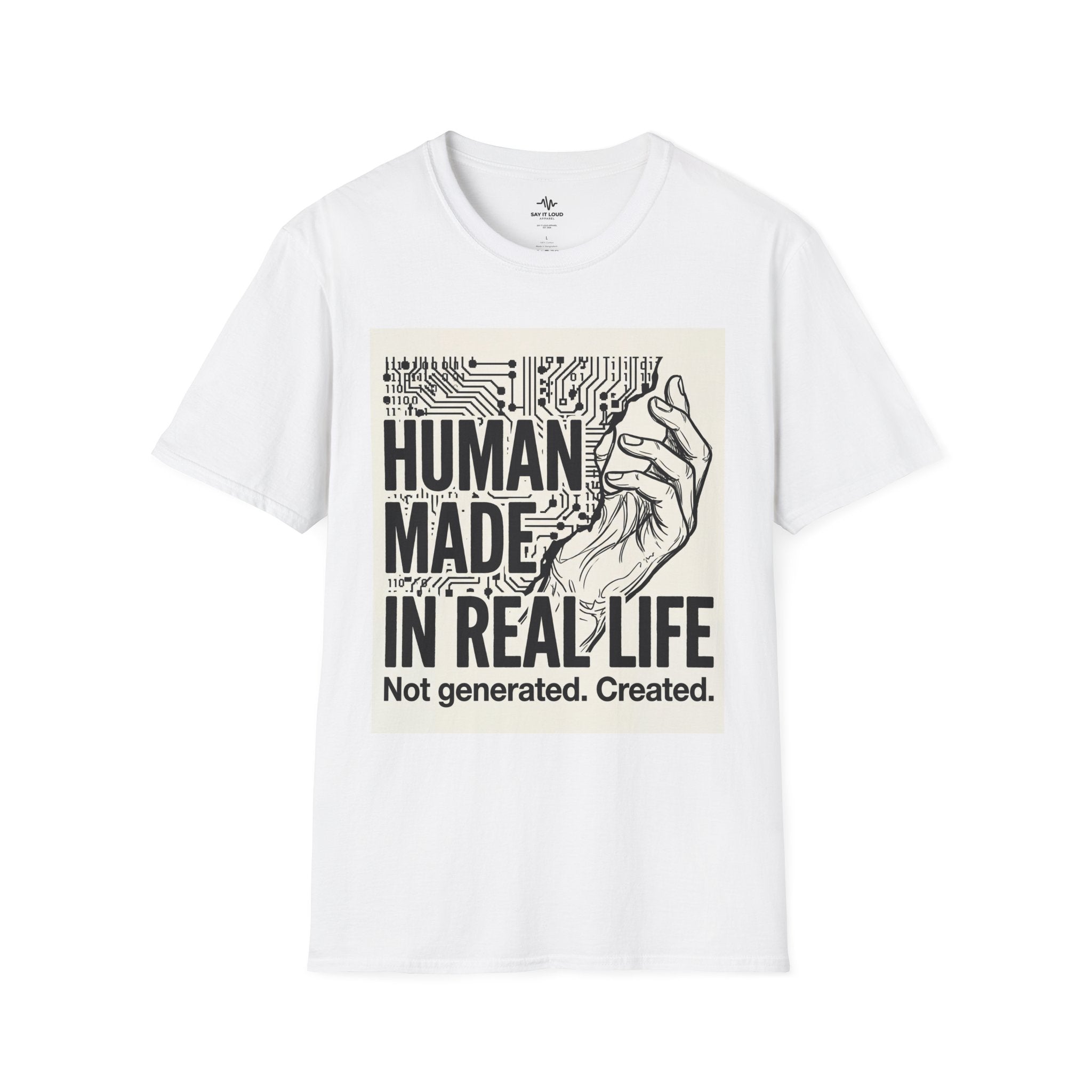 Human Made In Real Life T‑Shirt — Retro Tech Graphic Tee ("Not generated. Created.")