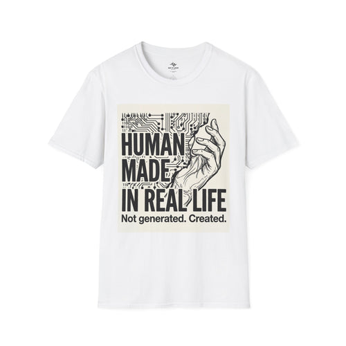 Human Made In Real Life T‑Shirt — Retro Tech Graphic Tee ("Not generated. Created.")